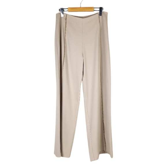 H Halston High Rise Wide Leg Dress Pant Tan Velvet Piping Bandless Waist Size 6 - Picture 1 of 16